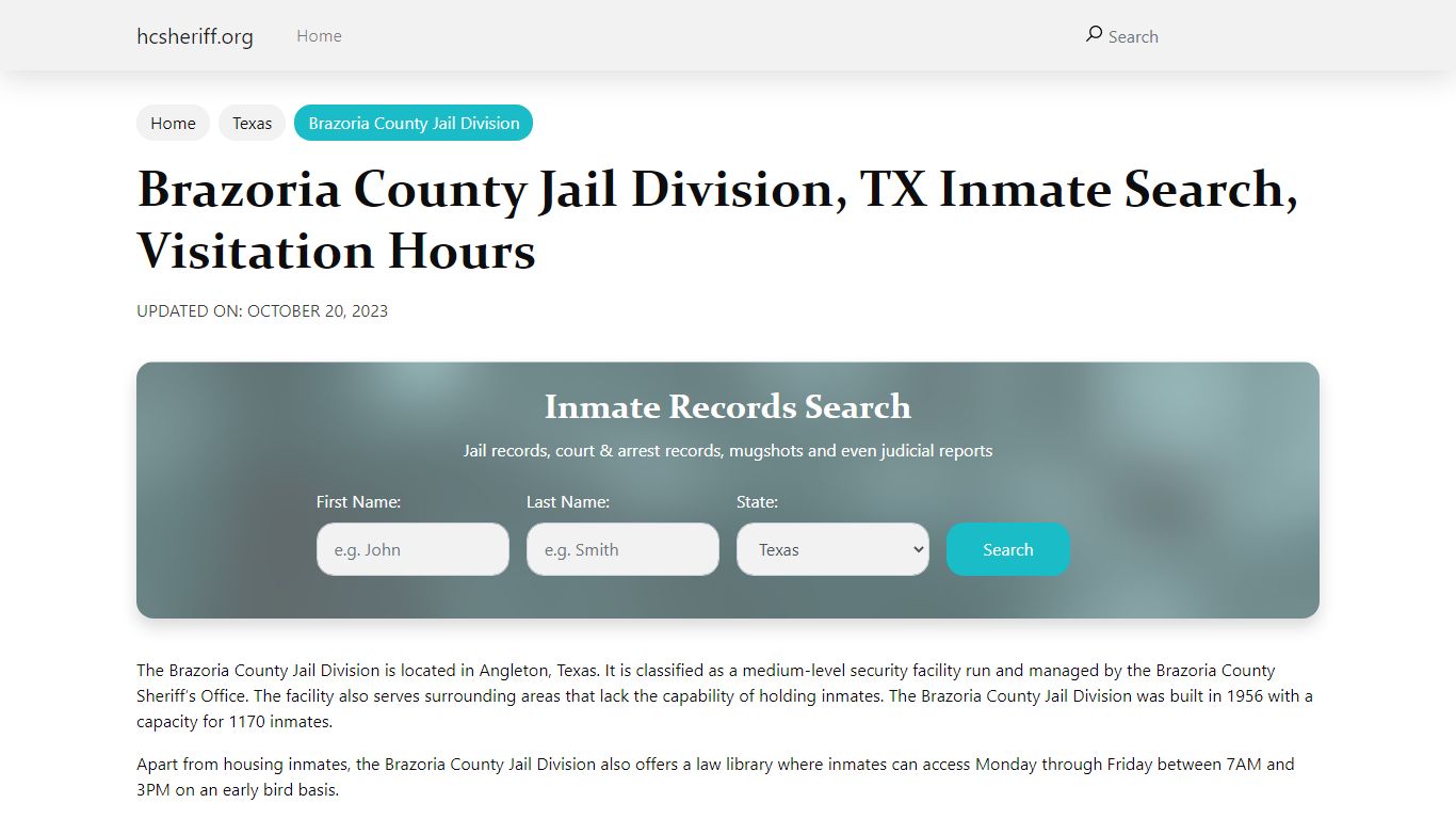 Brazoria County Jail Division, TX Inmate Search, Visitation Hours